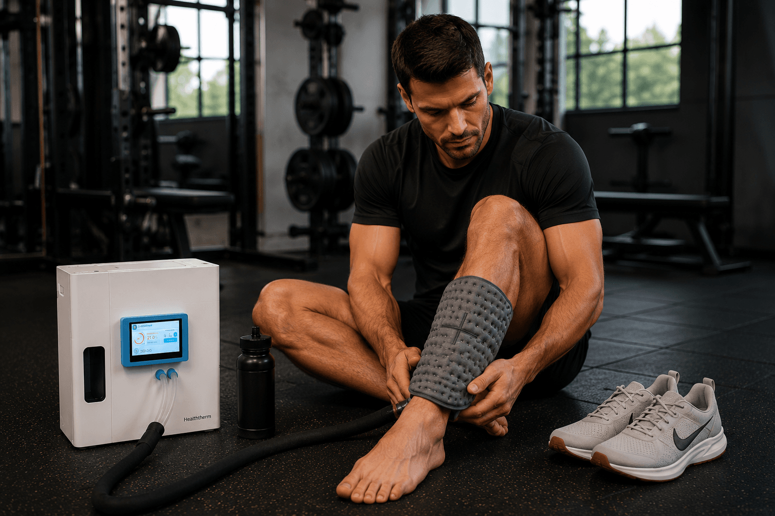 An athlete treating a calf injury with HealthTherm